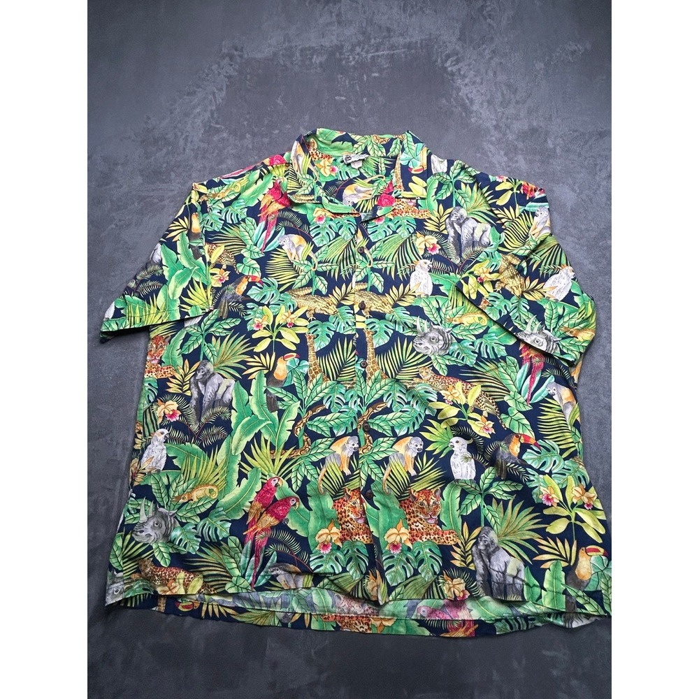 Vtg‎ 90s Aloha Republic Shirt Men 2XL Green Jungle Animal Safari Tropical Hawaii